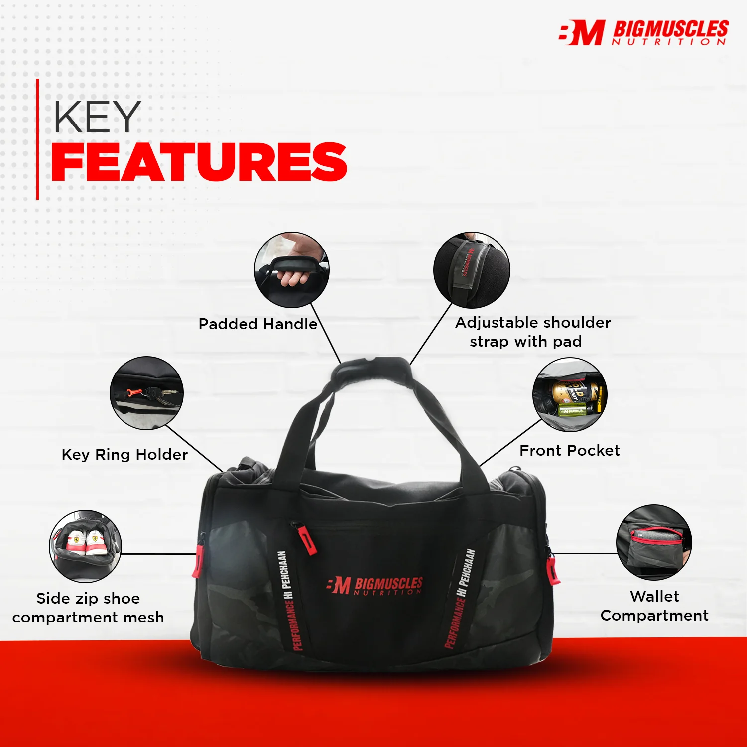 BigMuscles Nutrition GYM BAG for Men & Women, Unisex Black 45L - Image 3